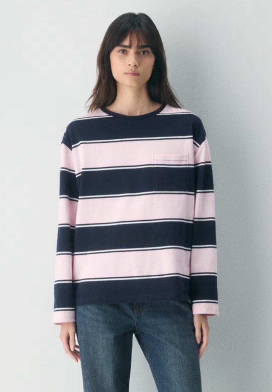 TNA Aritzia Mighty Cotton Fletch Long Sleeve Top Pink Navy Stripe Women's S
